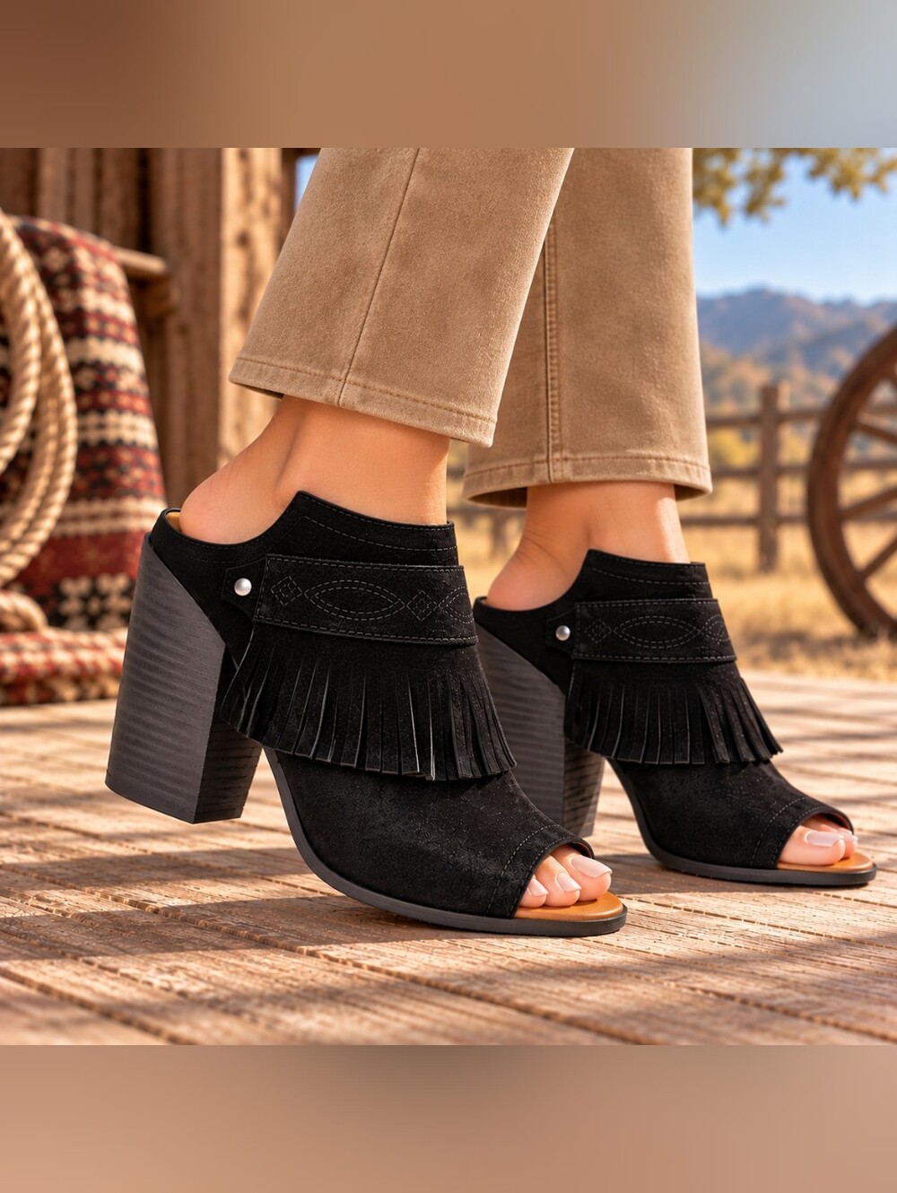 NWoB DINGO Black Suede Fringe Open Toe Block Heel Western Mules 10